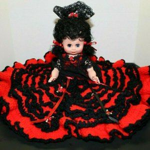 Vintage Hand Crocheted Black Red Bed Pillow Doll